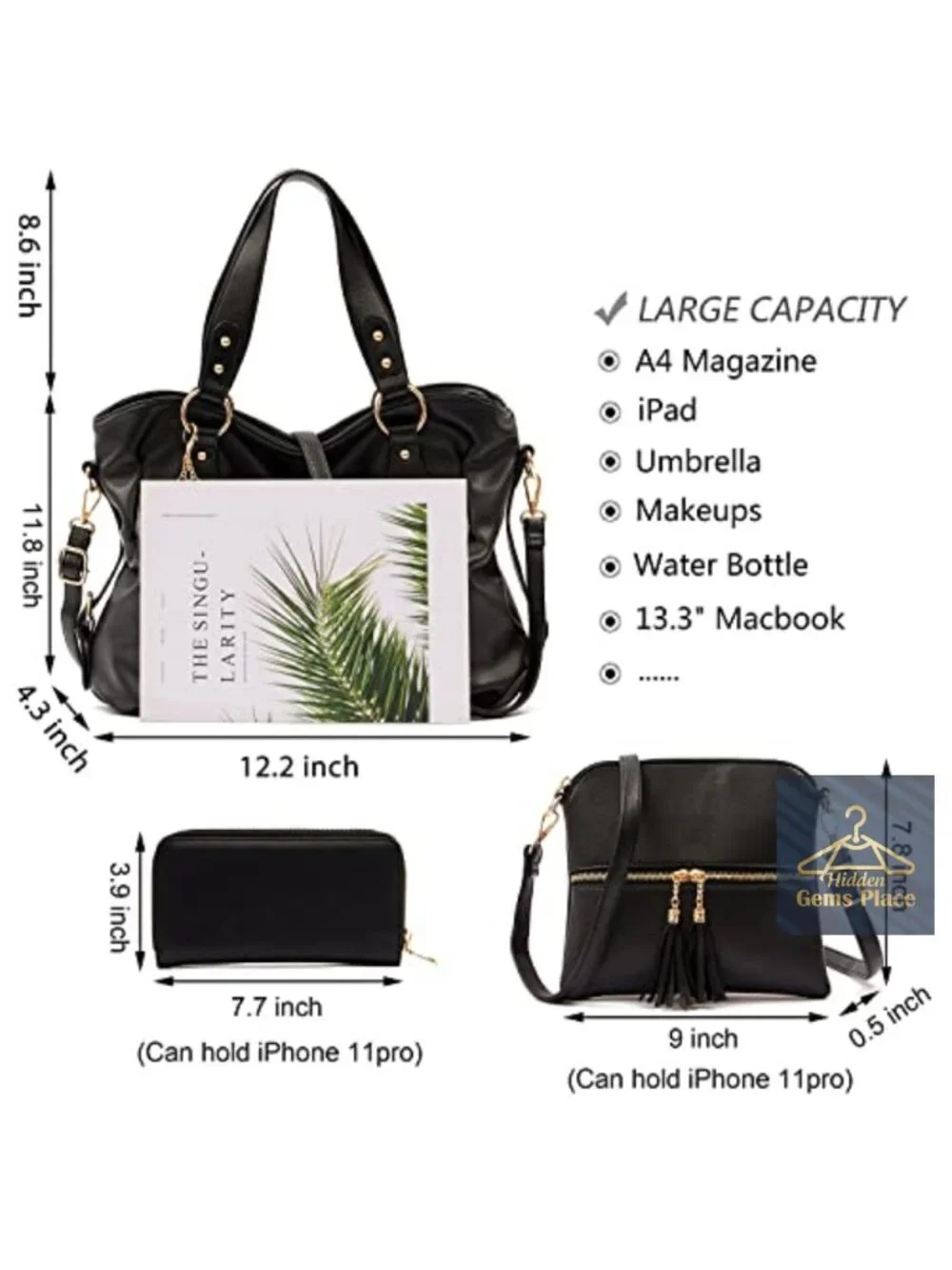 Slouchy Hobo Handbag Set 3pcs Crossbody/Shoulder Bag Vegan Leather
